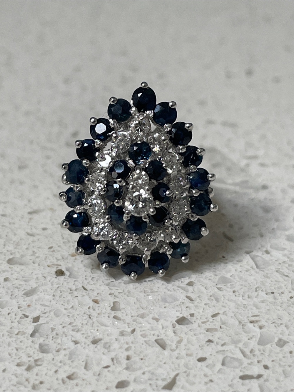 Vintage 14k white gold sapphire diamond pear-shaped cluster cocktail ring size 7